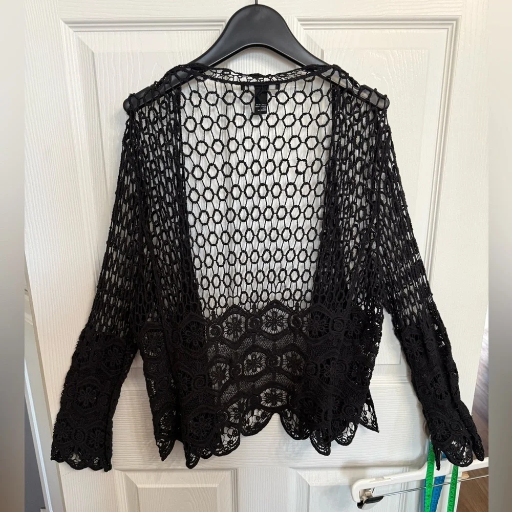 Forever 21 Black Crochet Lace Open Front Cardigan OS Festival Boho Grunge Fairy - Picture 5 of 5